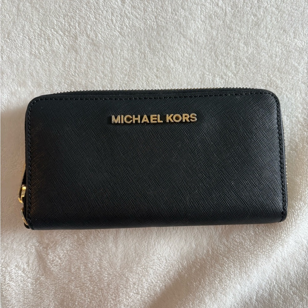 Michael Kors Black Zip Wallet with Gold Logo